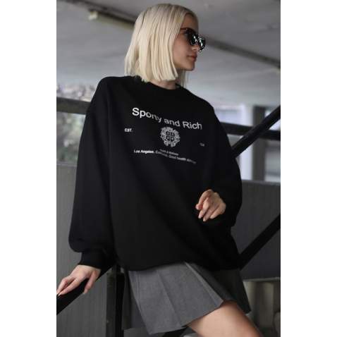 Siyah Bisiklet Yaka Baskılı Oversize Kadın Sweatshirt MG1577 - Siyah