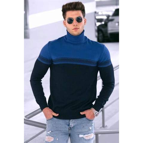 Madmext Men Dual Tone Turtleneck Saxe Jumper 4675 - Saks