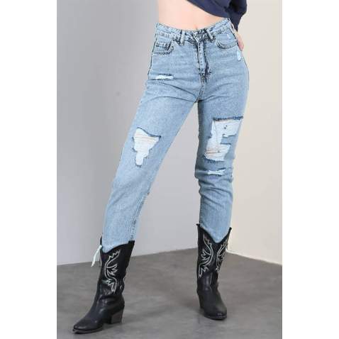 Mad Girls Ripped Blue Jeans Mom Wear MG1163 - Mavi