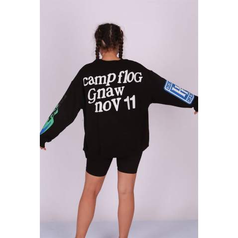 Mad Girls Printed Oversize Black Sweatshirt Mg1206 - Siyah