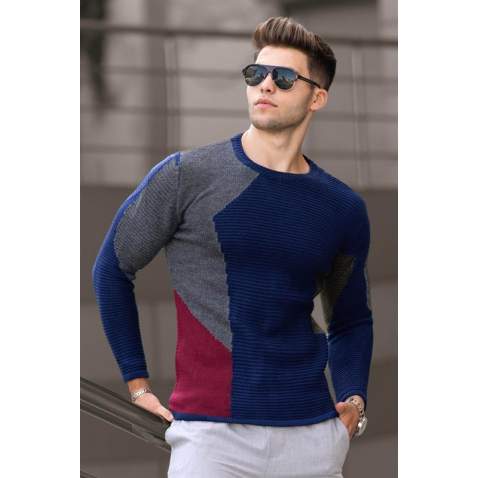 Madmext Indigo Two-Tone Crewneck Jumper 2770-3 - İndigo