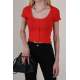 Women Buttoned Red Crop T-Shirt - Kırmızı