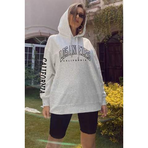 Mad Girls Grey Printed Hoodie Sweatshirt Mg824 - Gri