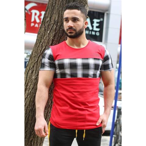 Madmext Red Plaid T-shirt for Men 3004 - Kırmızı