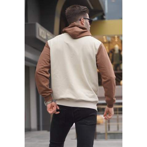 Bej Kapüşonlu Renk Bloklu Erkek Sweatshirt 6024 - Bej