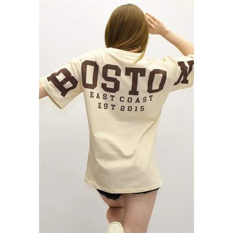 Women Printed Oversize Beige T-Shirt MG1529 - Bej