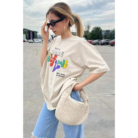 Beige Printed Oversize T-Shirt MG1522 - Bej