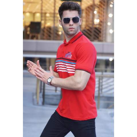 Striped Red Polo T-Shirt 5869 - Kırmızı