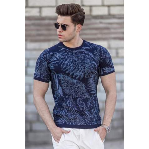 Madmext Men Patterned Navy Blue T-shirt 5113 - Lacivert