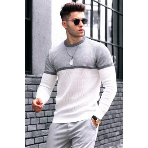 Madmext Men Color Blocked White Sweater 4734 - Beyaz