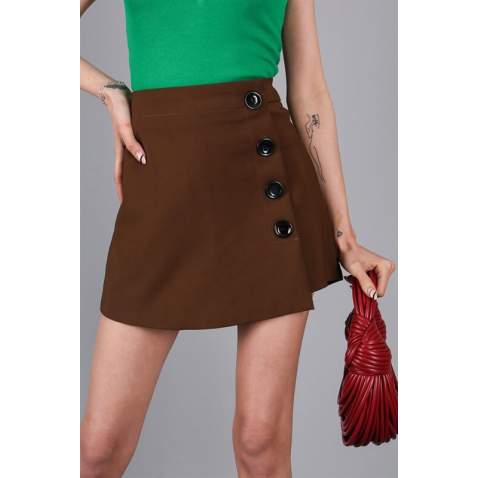 Women Brown Side Button Mini Skirt - Kahverengi