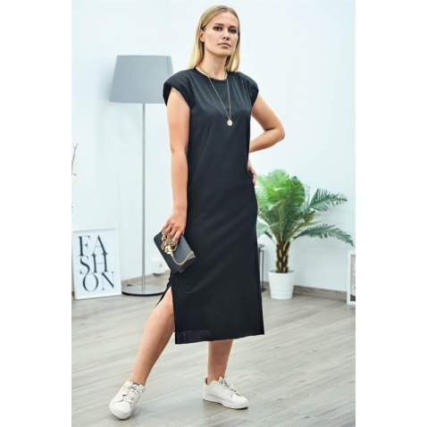 Mad Girls Black Shoulder Pad Slit Midi Dress MG357 - Siyah