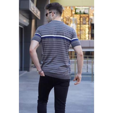 Men Striped Ice Gray Polo T-Shirt 5734 - Buz grisi