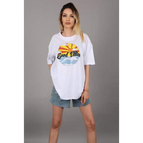 Mad Girls Printed White T-shirt Mg1148 - Beyaz