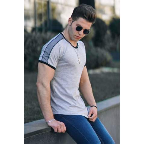 Madmext Men Shoulder Stripe Gray T-shirt 4101 - Gri