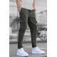 Men Striped Khaki Cargo Trousers - Haki