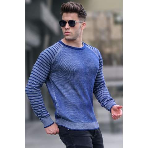 Light Navy Blue Round Neck Knitwear Sweater 5766 - Açık lacivert