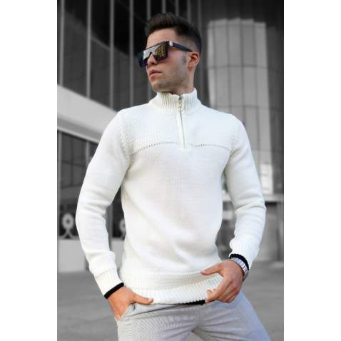 Madmext Men White Zip Sweater 5613 - Beyaz