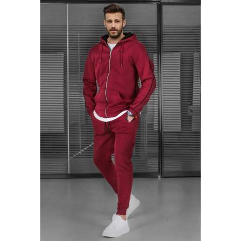 Madmext Maroon 3 Thread Fleece Zipped Tracksuit For Men 5669 - Bordo