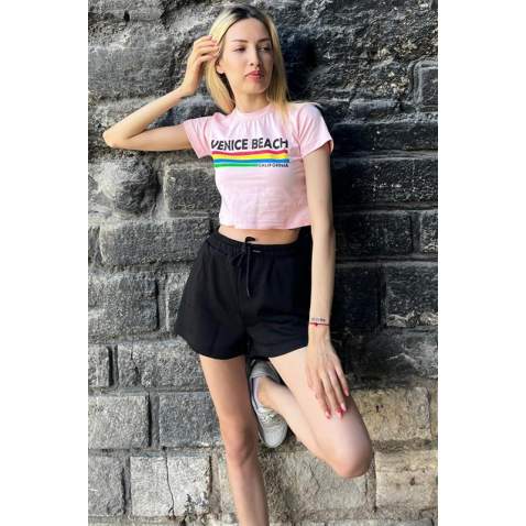 Smoke Gray Printed Crop T-Shirt MG1535 - Pudra