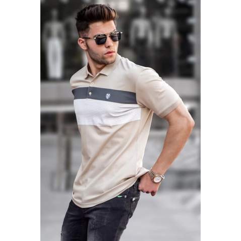 Men Striped Beige Polo T-Shirt 5864 - Bej