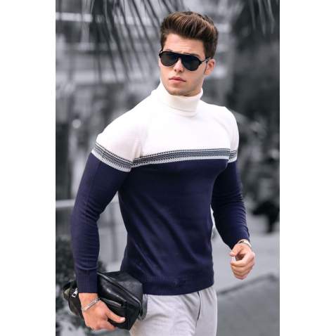 Madmext Men Dual Tone Turtleneck White Jumper 4675 - Beyaz