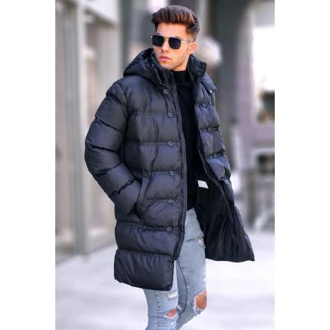 Black Hoodie Long Puffer Jacket 5708 - Siyah