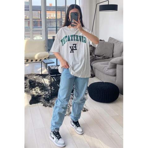 Women Printed Oversize Gray T-Shirt Mg1318 - Gri