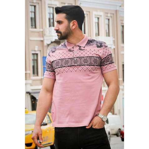 Madmext Pink Printed Polo Shirt for Men 3057 - Pudra