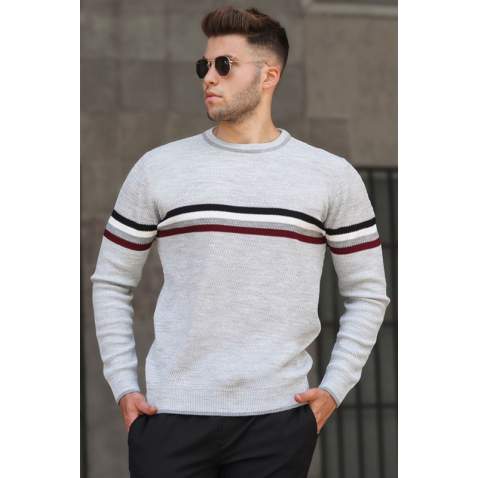 Madmext Men Striped White Sweater 5160 - Beyaz