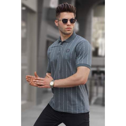 Men Striped Smoke Gray Polo T-Shirt 5879 - Füme