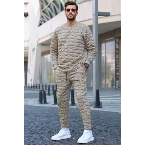 Beige Designed Quilted Tracksuit 5907 - Bej