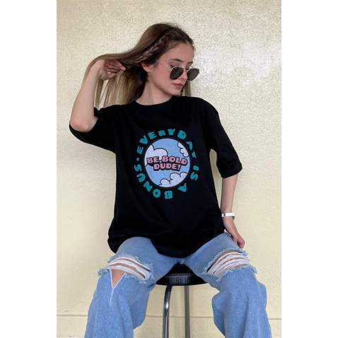 Women Printed Oversize Black T-Shirt - Siyah