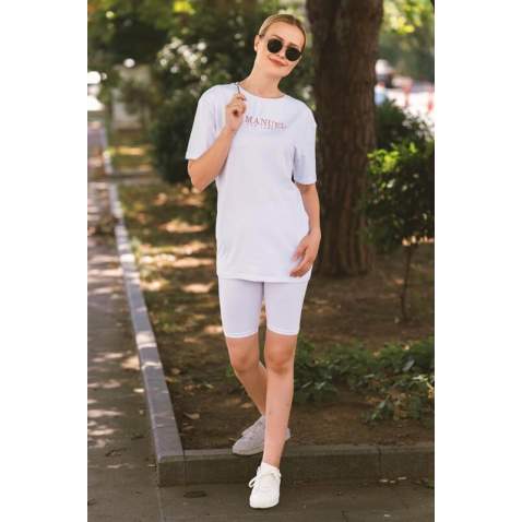 Mad Girls White Patterned Short Suit MG358 - Beyaz