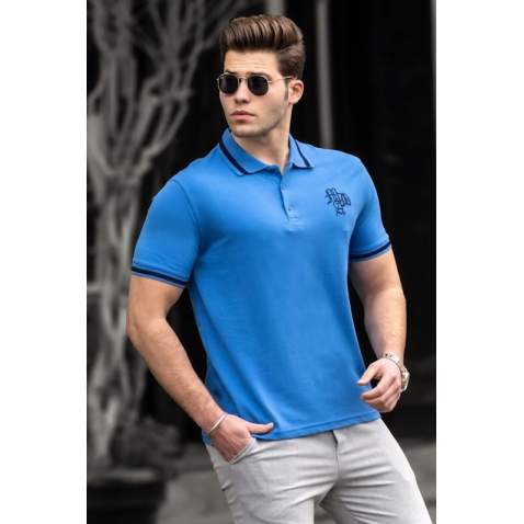 Madmext Men Crested Blue Polo Shirt 3055