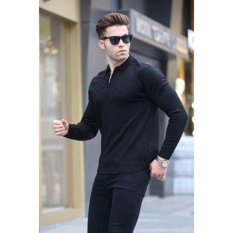 Black Knitwear Polo Sweater 5973 - Siyah