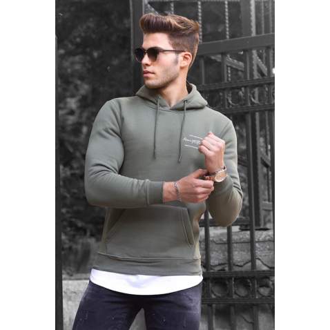 Madmext Men Printed Hoodie Khaki Sweatshirt 4395 - Haki