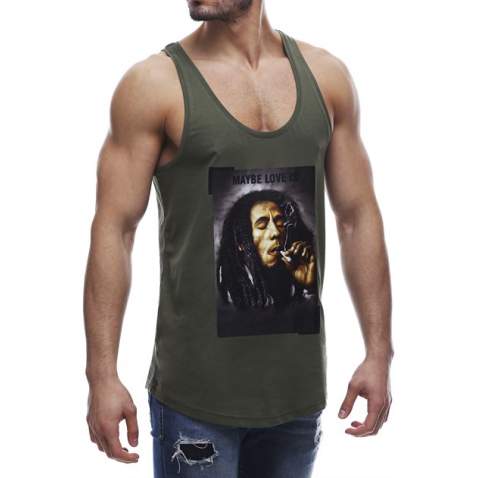 Sleeveless T-Shirt In Bob Marley's Printed and Khaki Color 2634 - Haki yeşili