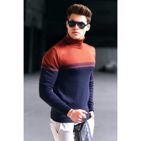 Madmext Men Dual Tone Turtleneck Red Brick Jumper 4675 - Kiremit