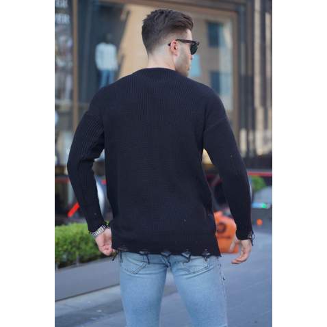 Black Ripped Design Knitwear Sweater 5998 - Siyah