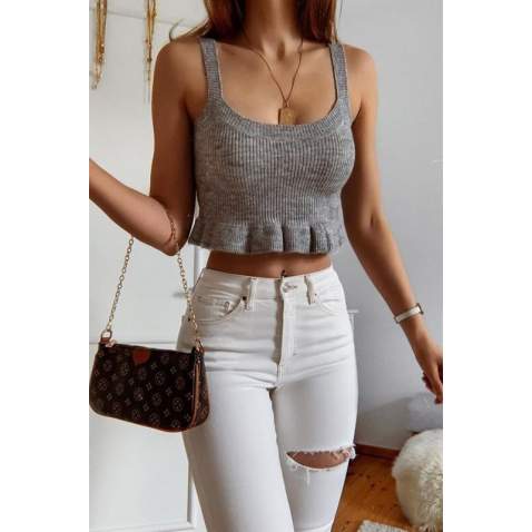 Mad Girls Knitwear Gray Crop Top MG1007 - Gri