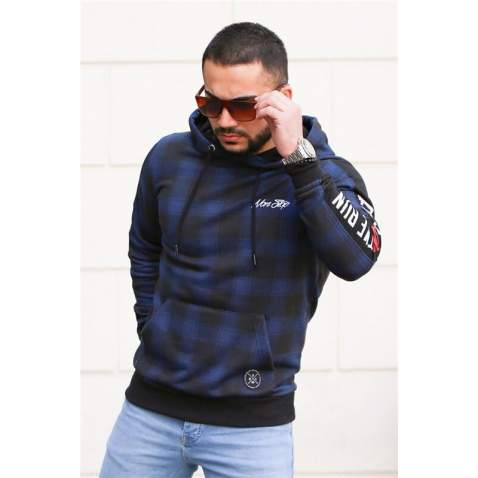 Madmext Navy Blue Check Hoodie 2688 - Lacivert