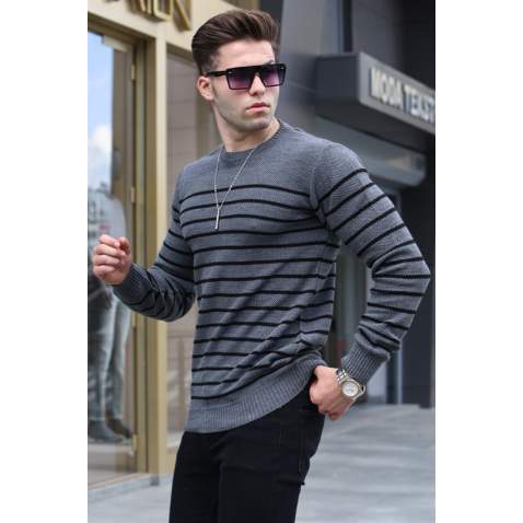 Anthracite Striped Knitwear Sweater 5992 - Antrasit