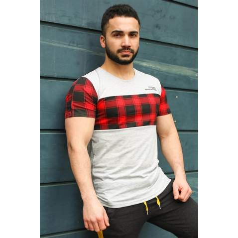 Madmext Grey Plaid T-shirt for Men 3004 - Beyaz