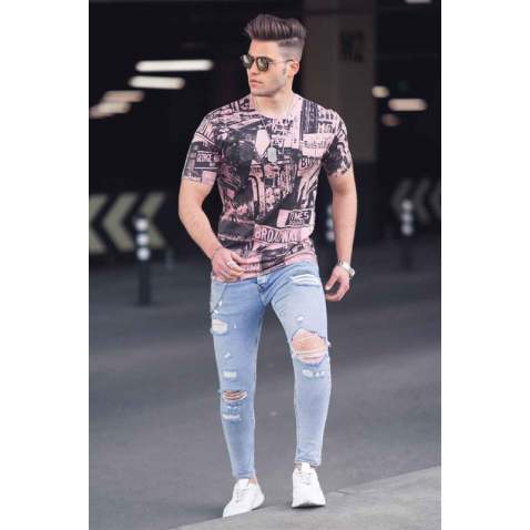 Madmext Soft Pink Printed T-shirt for Men 3087 - Pudra