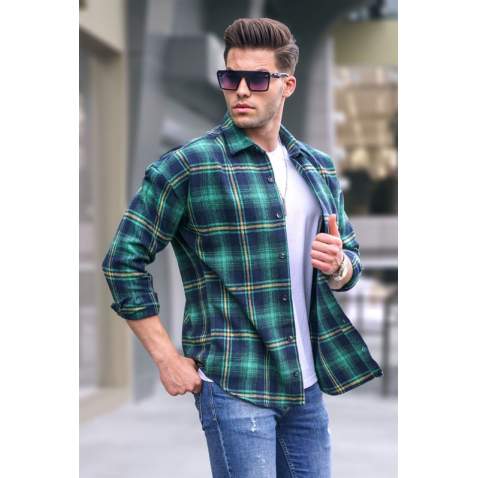 Green Chequered Design Plaid Shirt 5564 - Yeşil