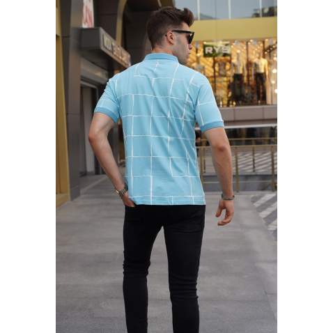 Men Designed Blue Polo T-Shirt 5887 - Mavi