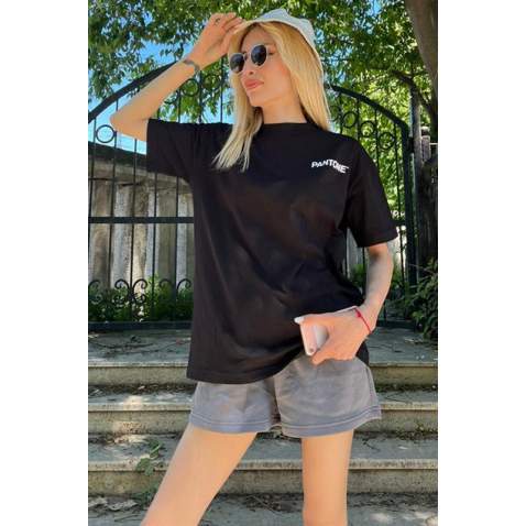 Women Printed Black Over Fit T-Shirt MG1492 - Siyah