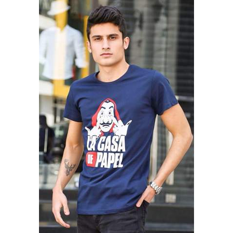 Madmext Navy Blue Printed T-shirt for Men 4017 - Lacivert