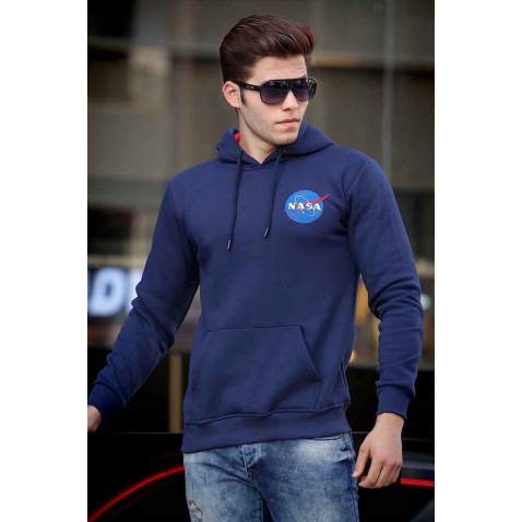 Madmext Navy Blue Printed Hoodie 4194 - Lacivert